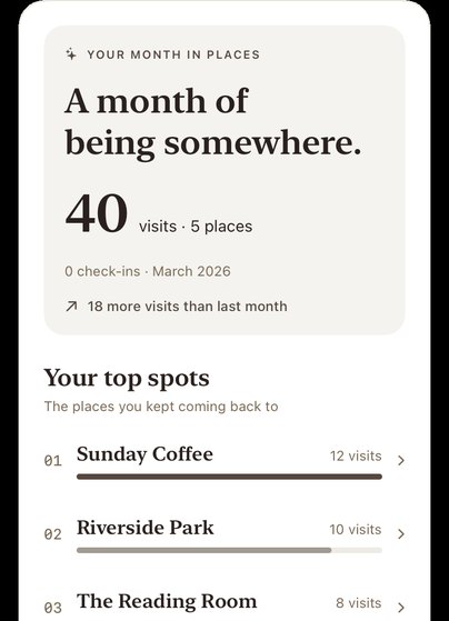 Fethr on iPhone: a monthly summary of visited places, with demo data